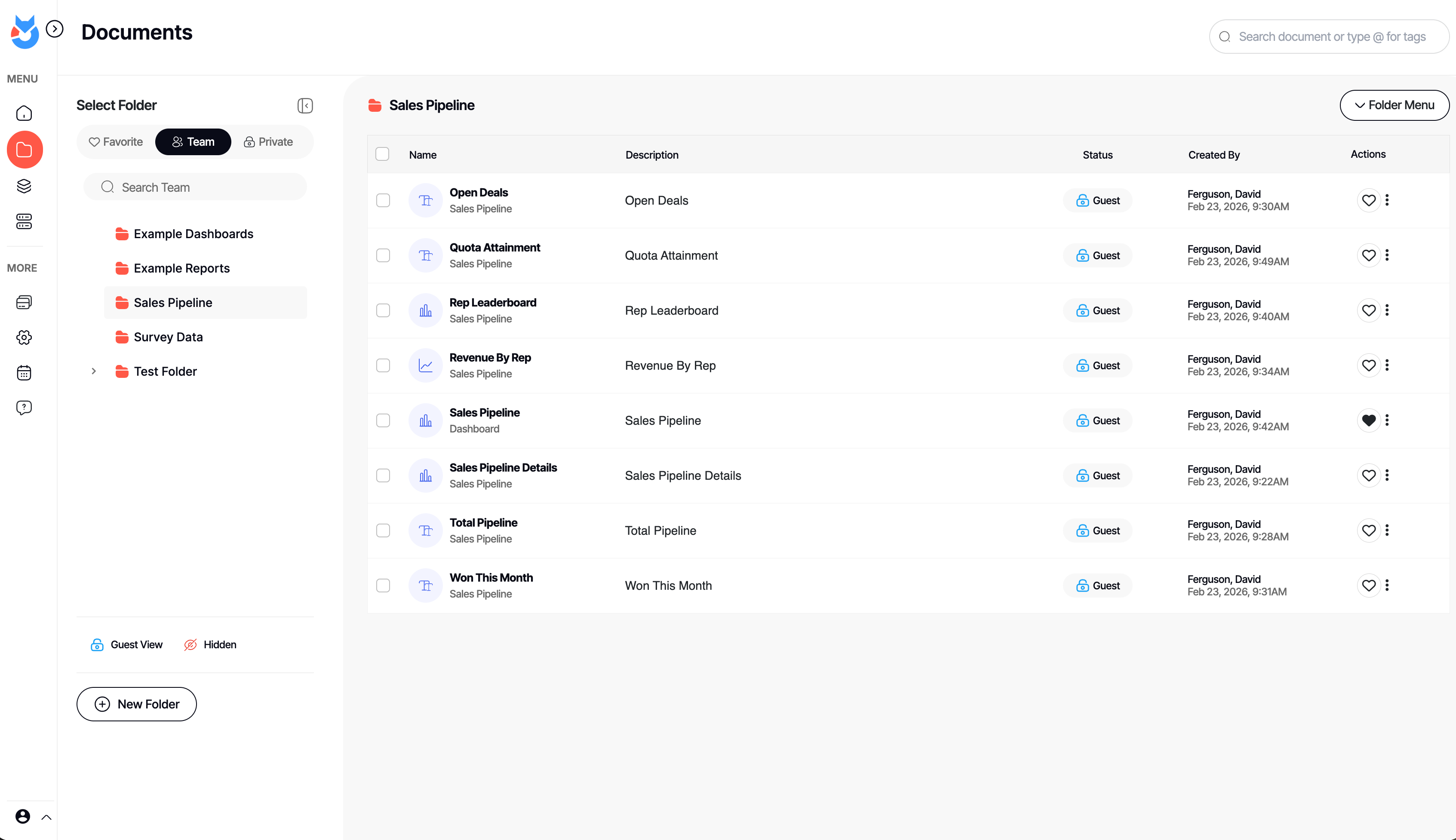 Screenshot of the Documents library in DashboardFox, where teams organize dashboards and reports into Team, Private, and Favorite folders. Share them with colleagues or clients, control guest access per item, and find any report fast with search and tags.