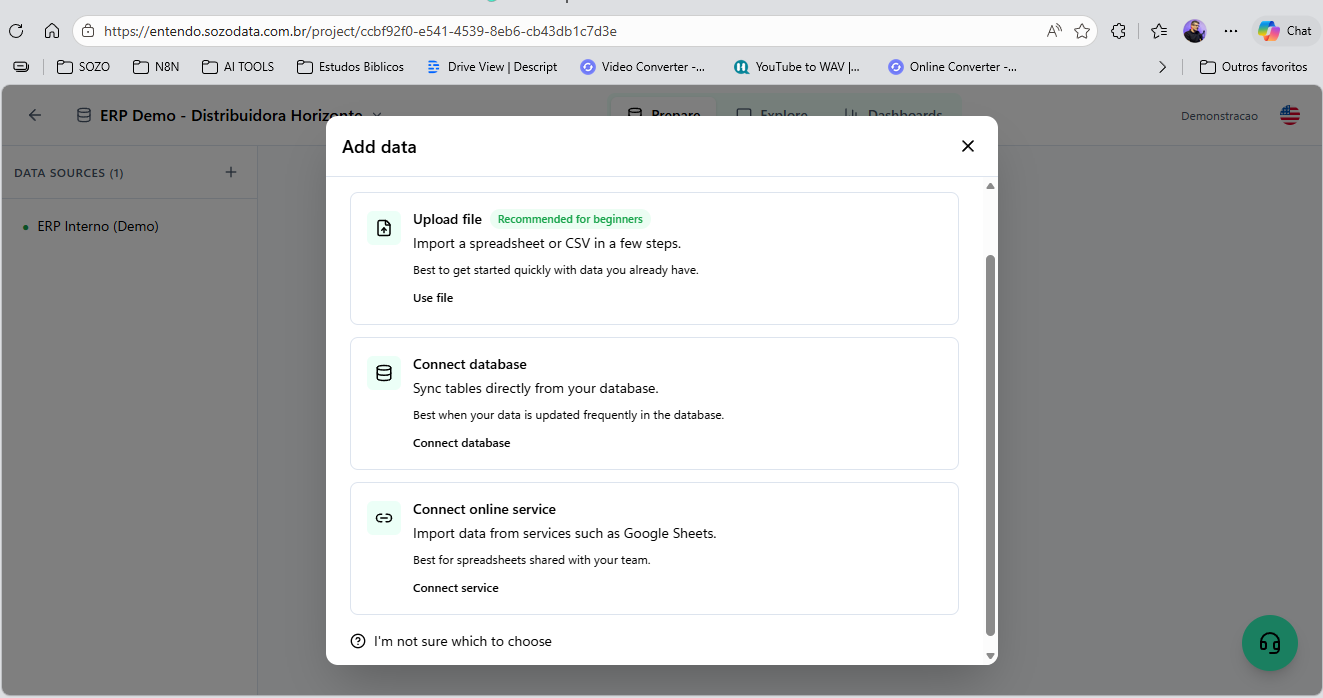 Screenshot of where users can upload a spreadsheet or CSV, connect their own SQL database (PostgreSQL, MySQL, SQL Server, Oracle), or sync tables from a cloud service like Google Sheets. File upload is the recommended path for first-time users who want to evaluate the product on their own data before connecting production systems.