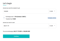 Screenshot of where to enter currencies and the amount to get instant FX quotes and fees