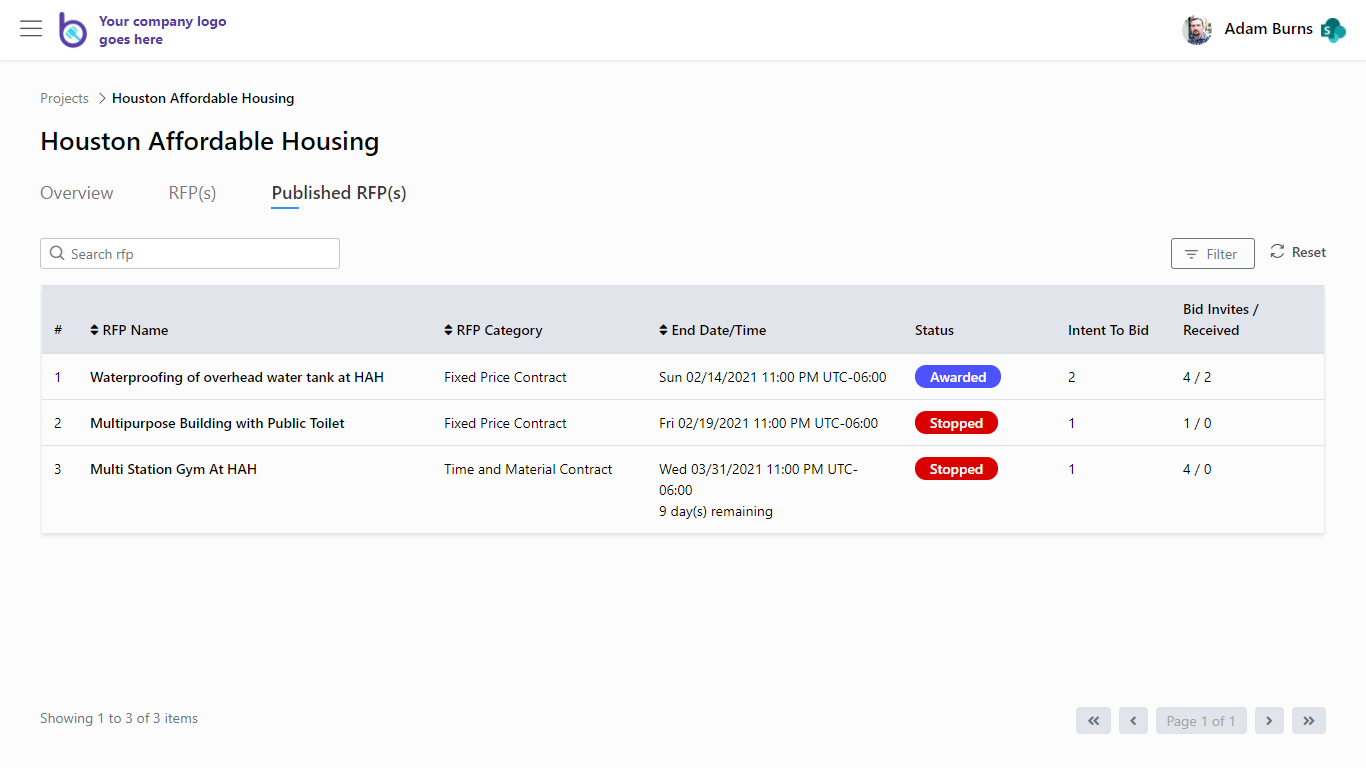 Screenshot of Published RFPs