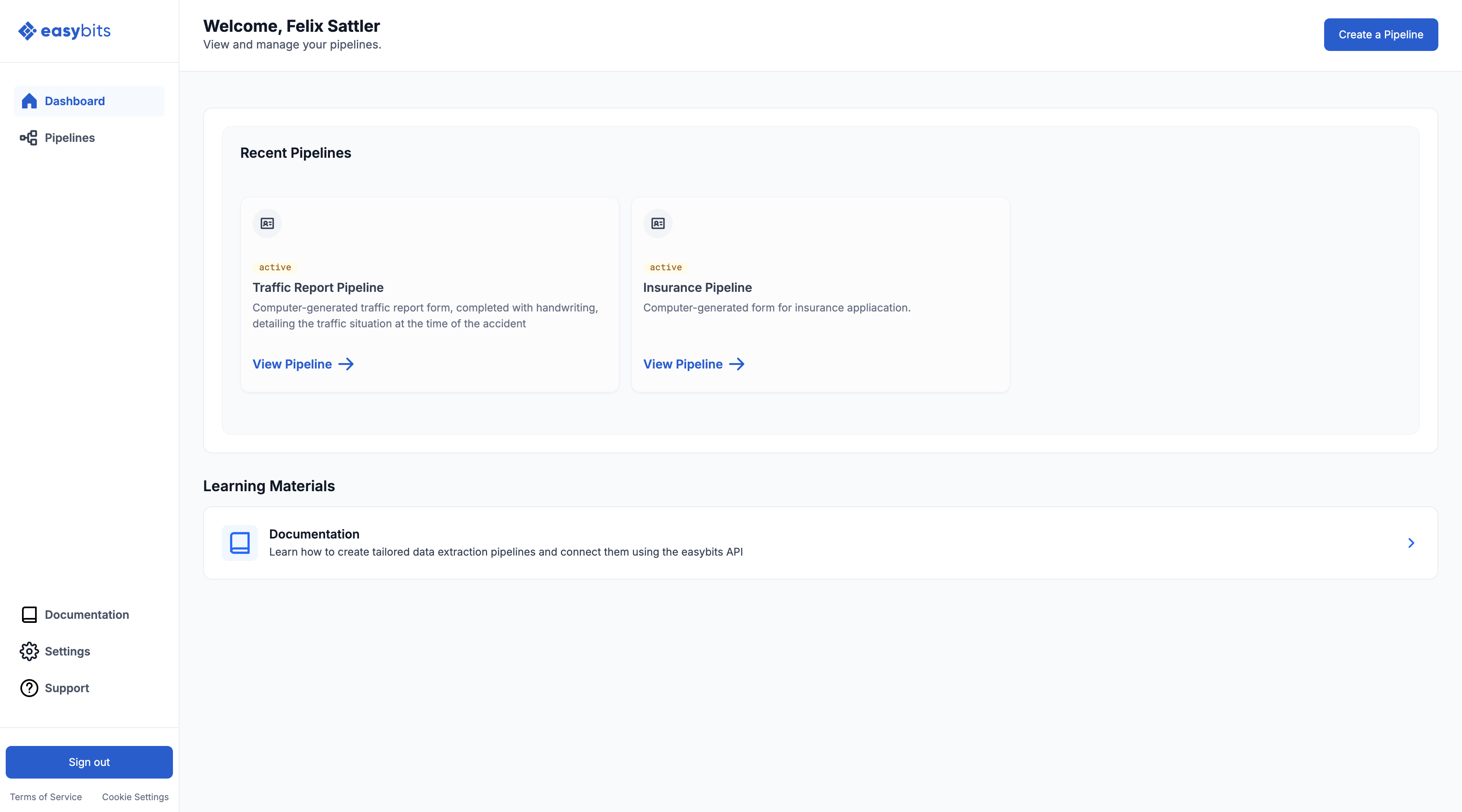 Screenshot of easybits' dashboard view