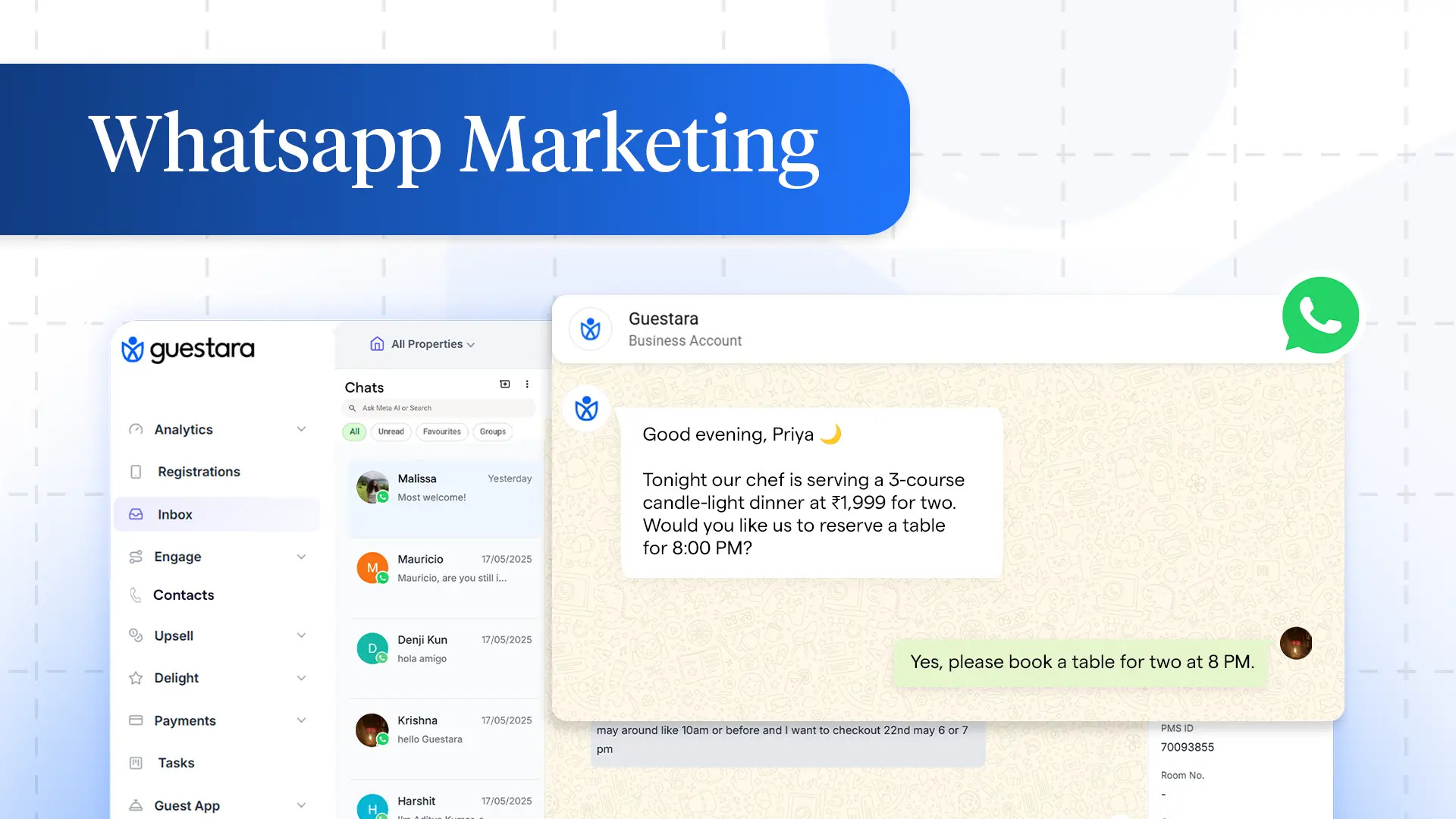 Screenshot of Guestara lets hotels run marketing and guest engagement directly through WhatsApp. Properties can send broadcast campaigns, promotional offers, and automated messages to guests on the channel they check most, driving direct bookings and upsells without a separate marketing tool. Messages are managed alongside other guest conversations in the same platform.