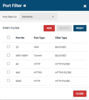 Screenshot of BrowseControl's port filter. The port filter blocks egress and ingress network traffic based on network port numbers and port ranges. This allows network administrators to block unused ports and reduce the attack surface of their network.