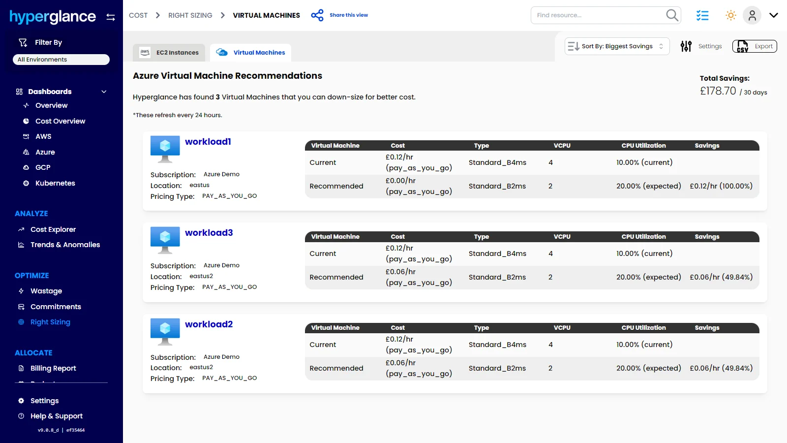 Screenshot of where to identify oversized cloud resources, as well as compare current and recommended configurations. Hyperglance helps teams make smarter sizing decisions, cut unnecessary spend, and improve cloud efficiency across AWS, Azure & GCP.