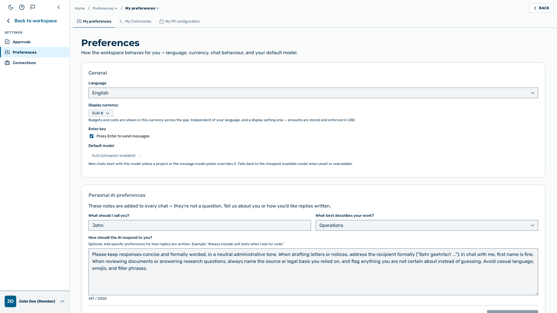Screenshot of AI Workspace Preferences