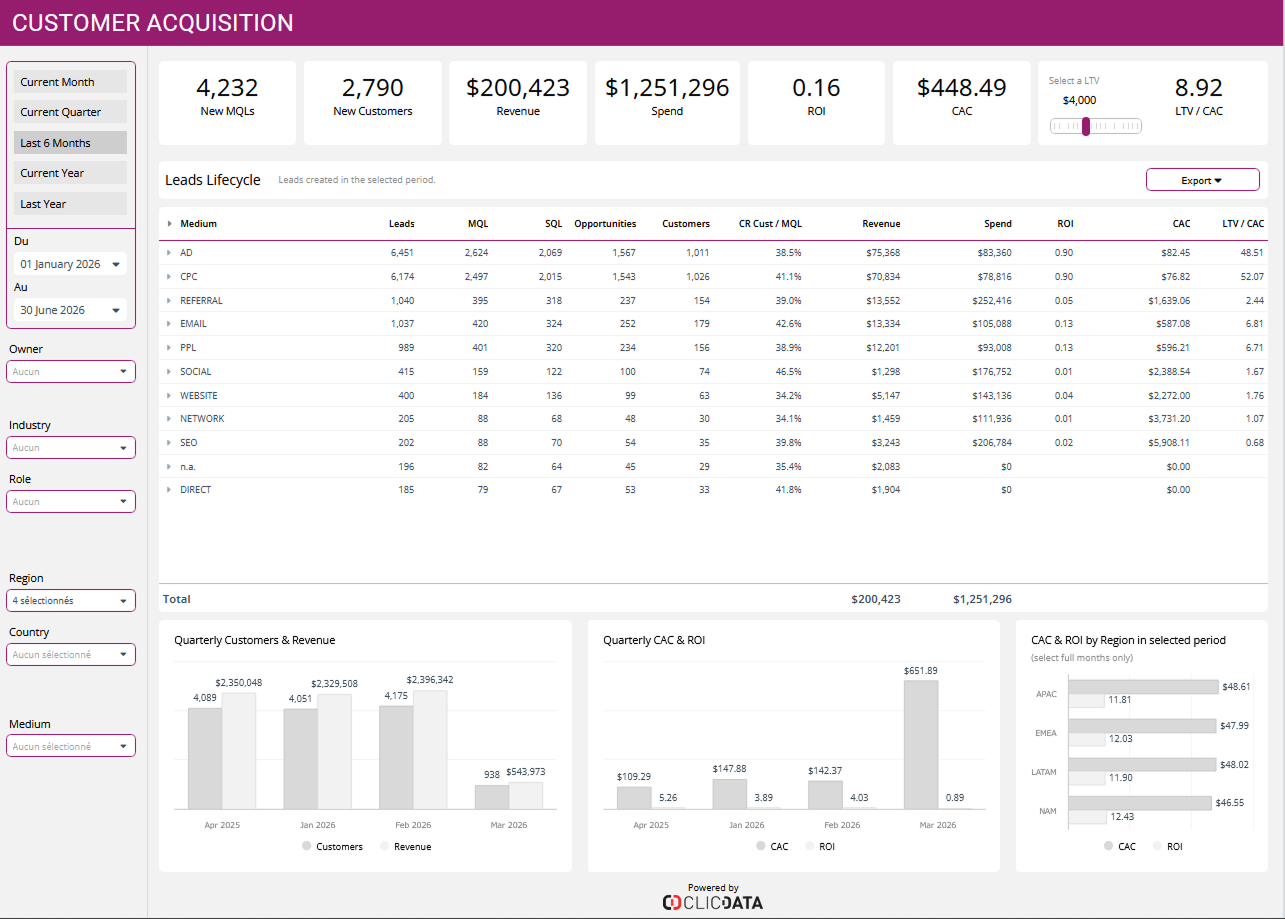 Screenshot of an Online Customer Acquisition dashboard example