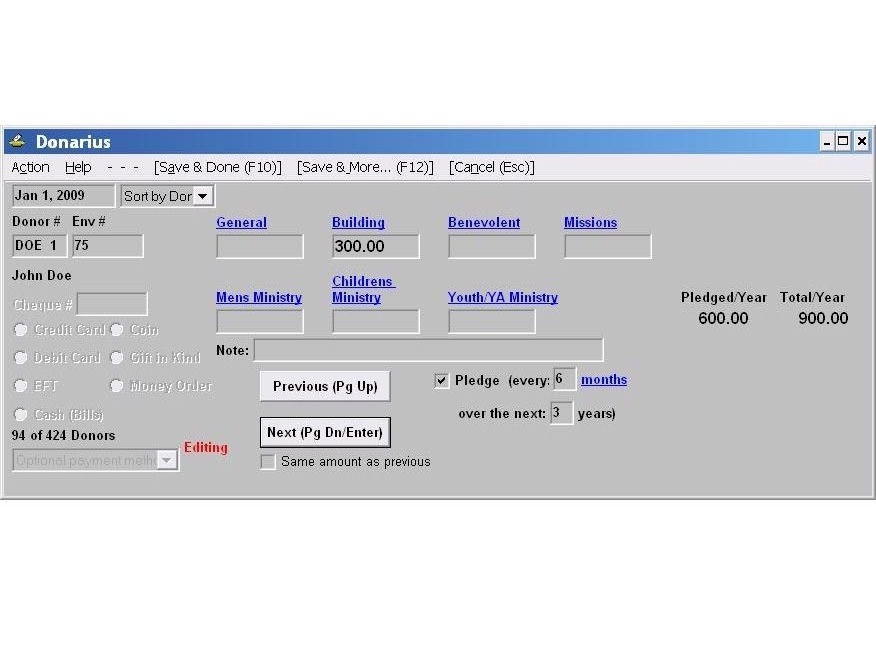Screenshot of Pledge entry window