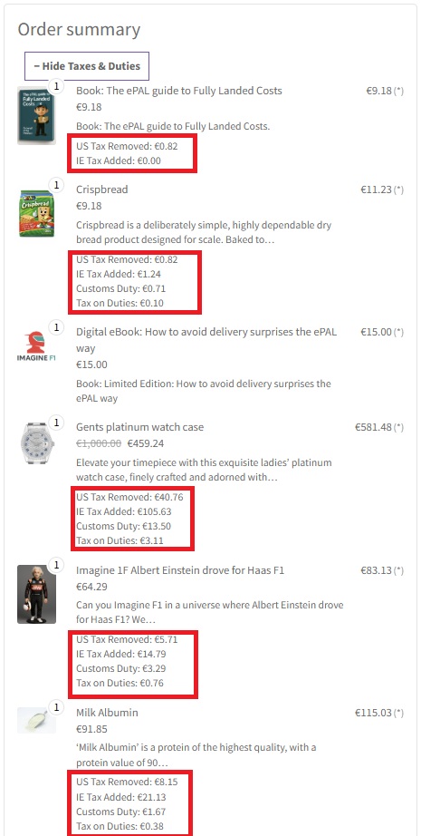 Screenshot of Example basket showing the optional product-level tax & customs duty calculation