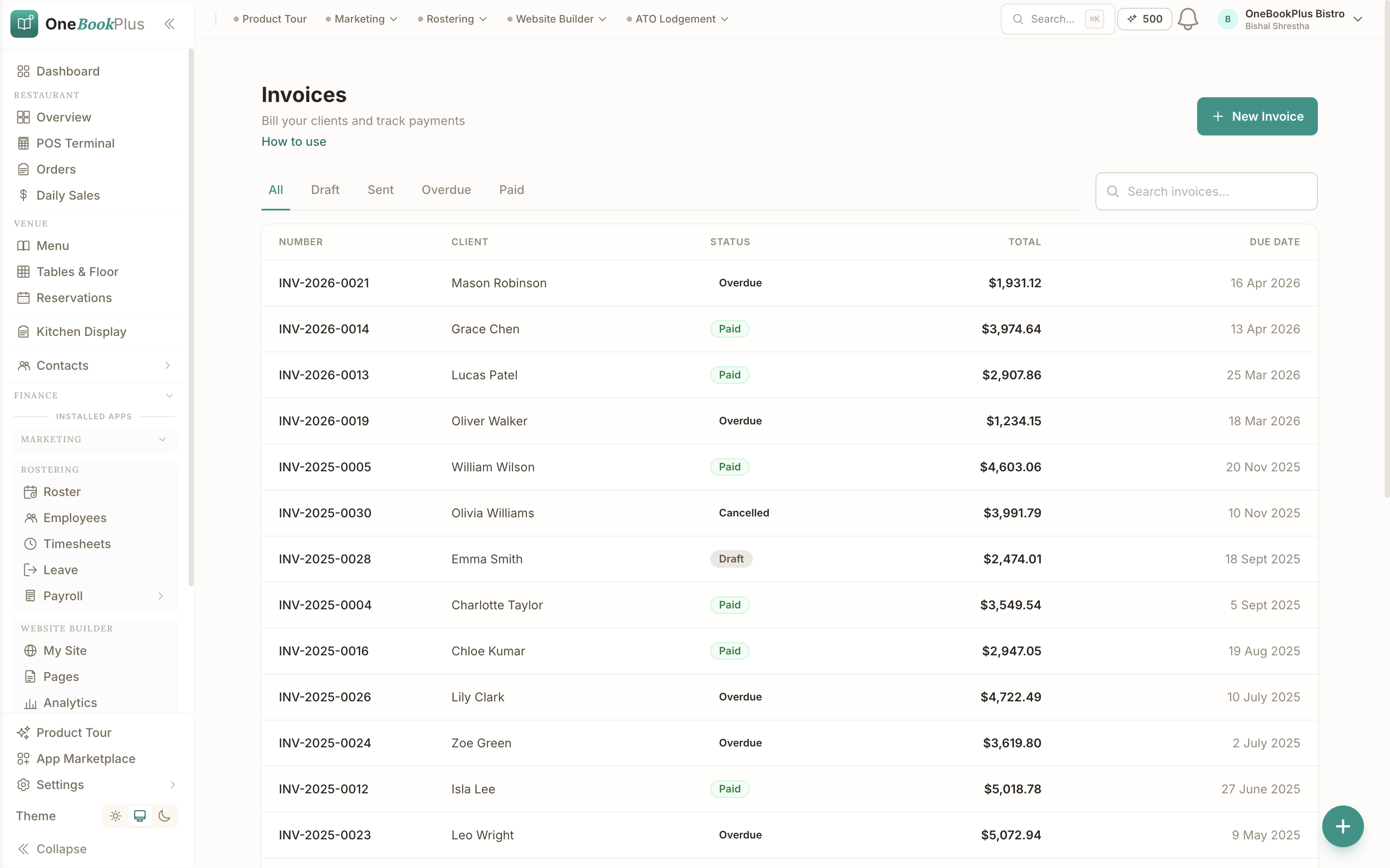 Screenshot of Invoices