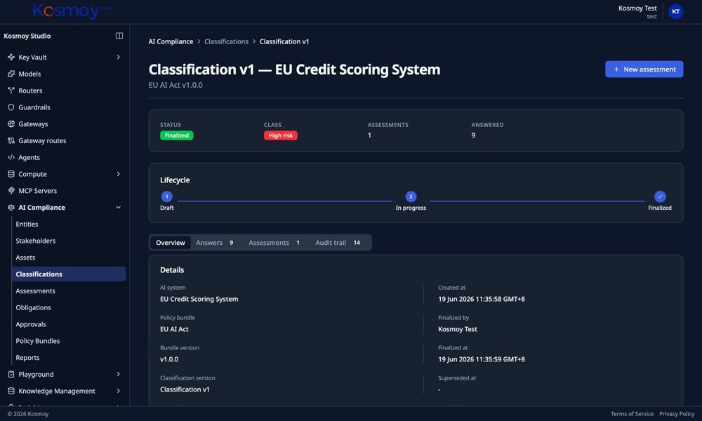 Screenshot of AI risk classification and assessment status (example data).