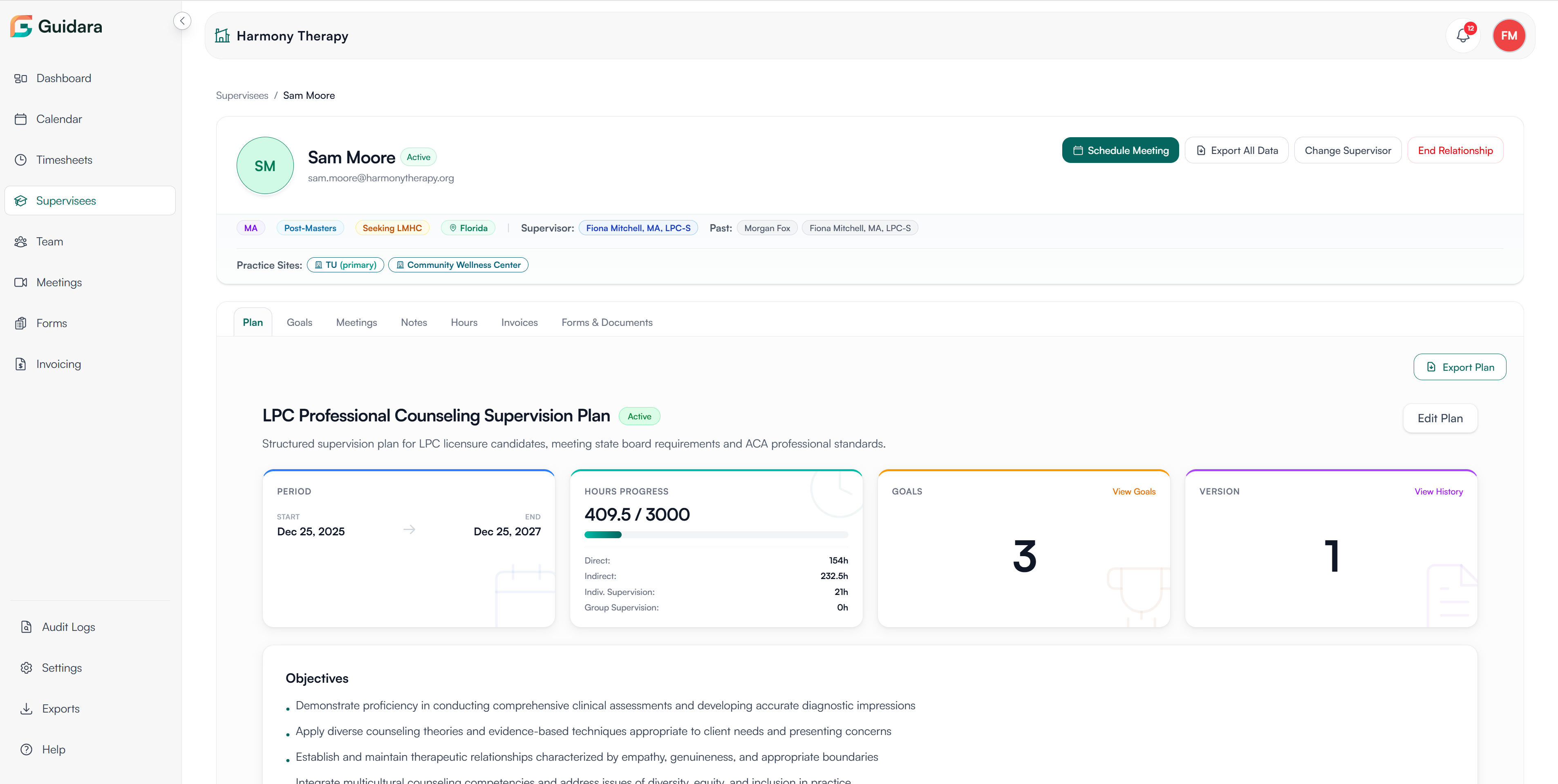 Screenshot of Supervision Plan