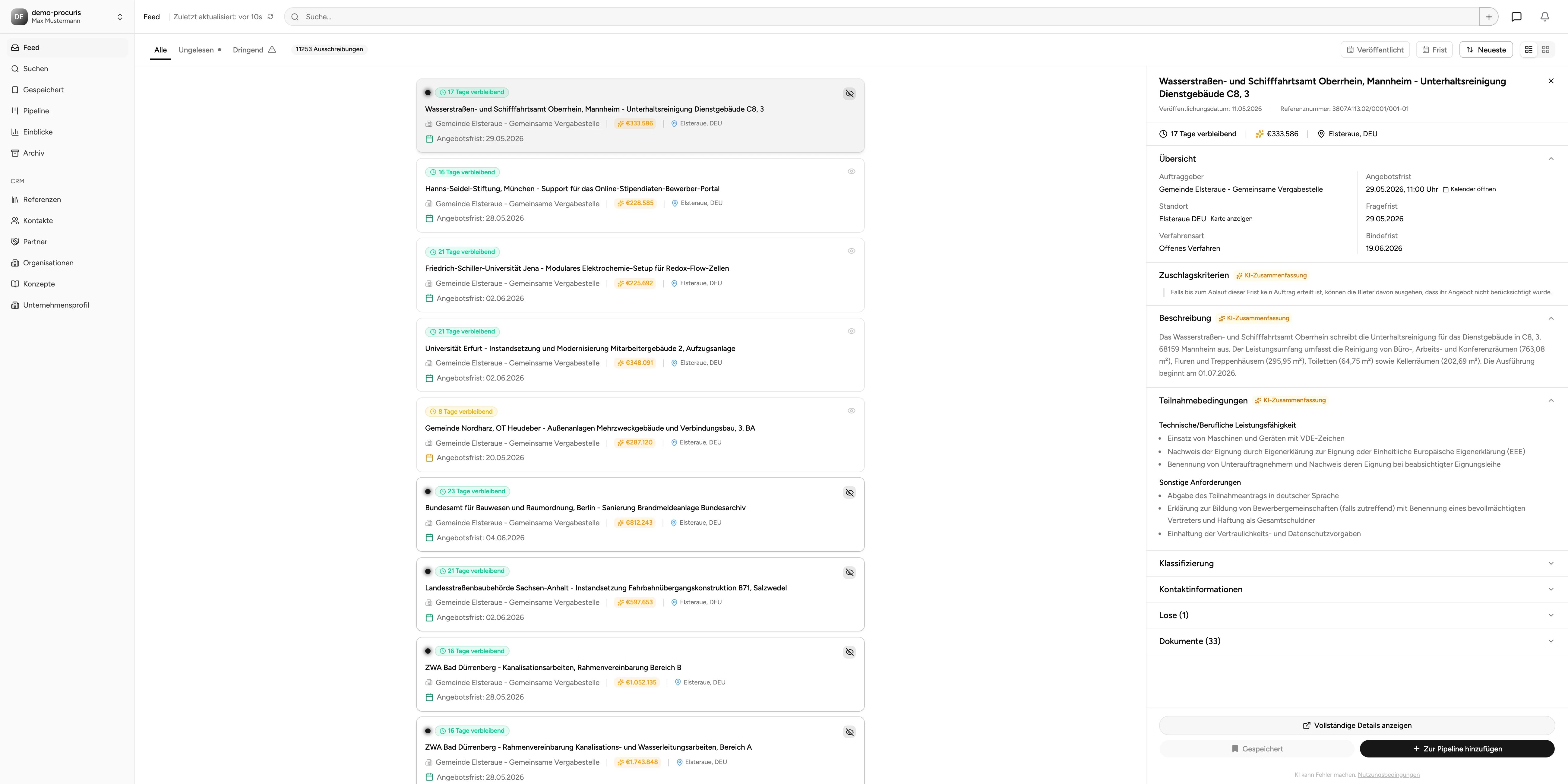 Screenshot of procuris-tender-feed