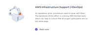 Screenshot of AWS Infrastructure Support (+DevOps)
(As operations grow, procedures need to grow with them. The backbone of this effort is a strong AWS DevOps team, which can help to ensure that all project participants are on the same page.)