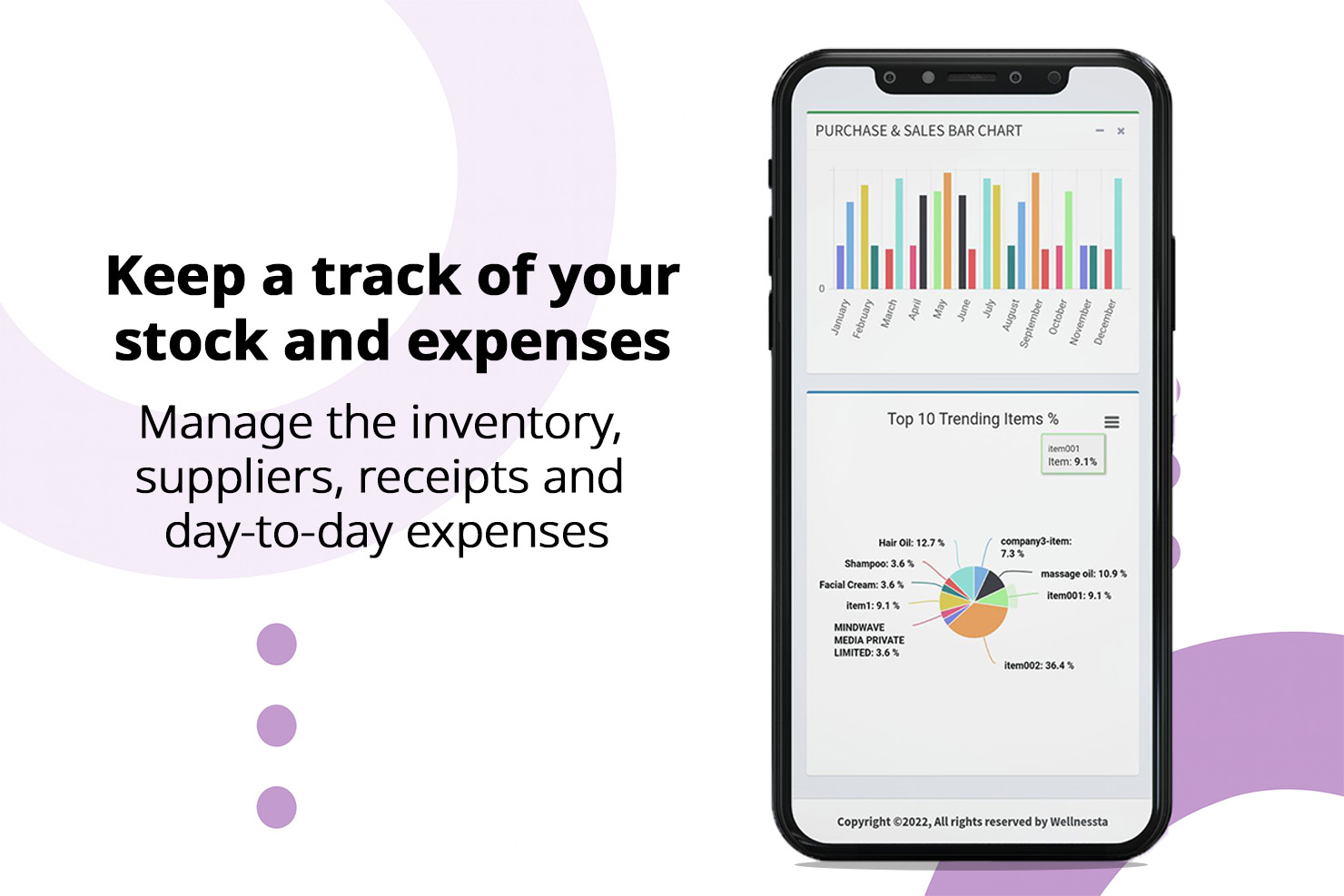 Screenshot of “Stock & Expense Tracker”
Auto-deduct products, raise purchase orders, and record daily expenses.