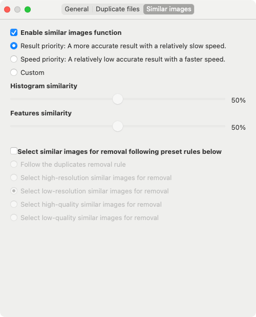 Screenshot of where to customize settings for similar image detection
