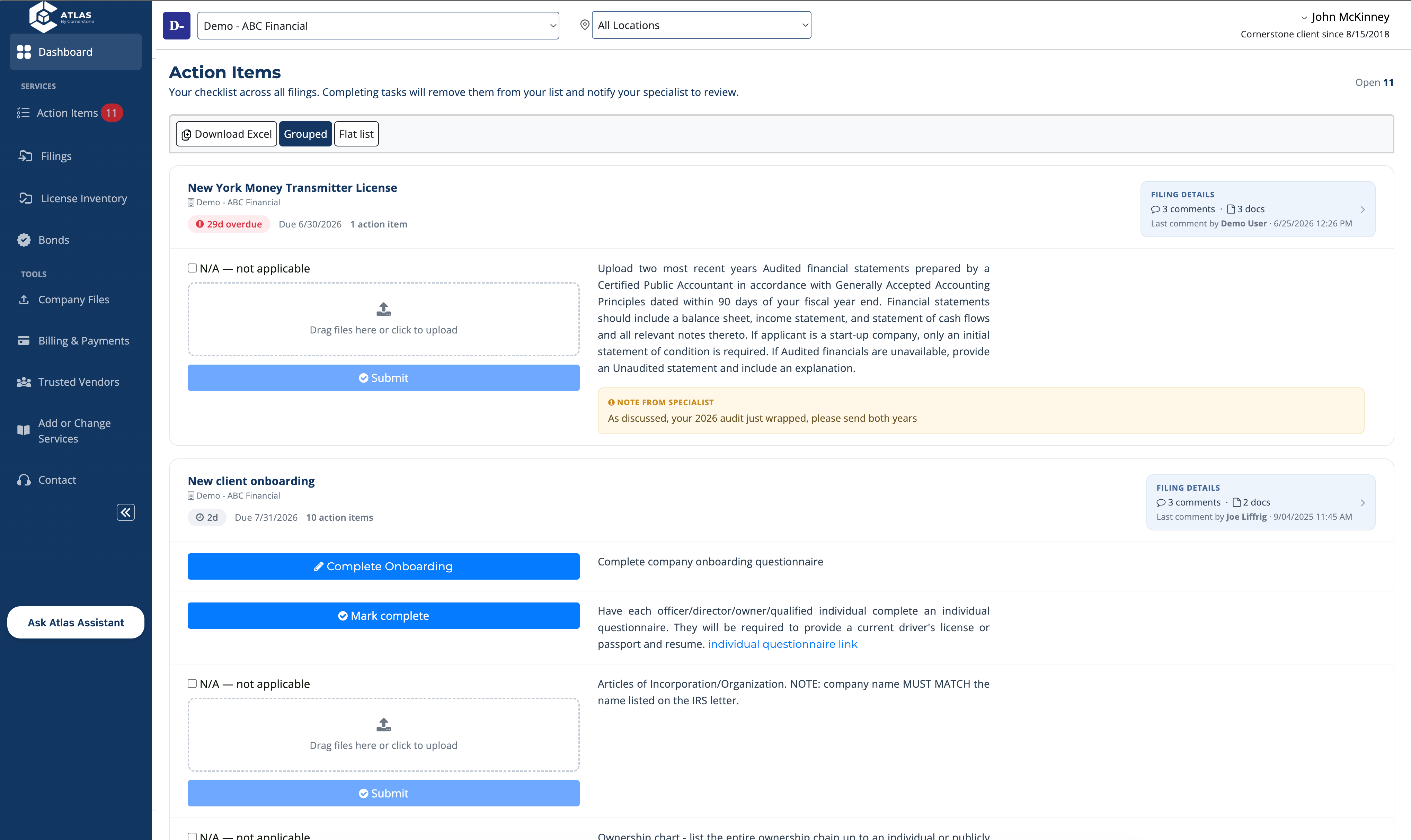 Screenshot of Action Items - Displays exactly what is required for licensing filings.