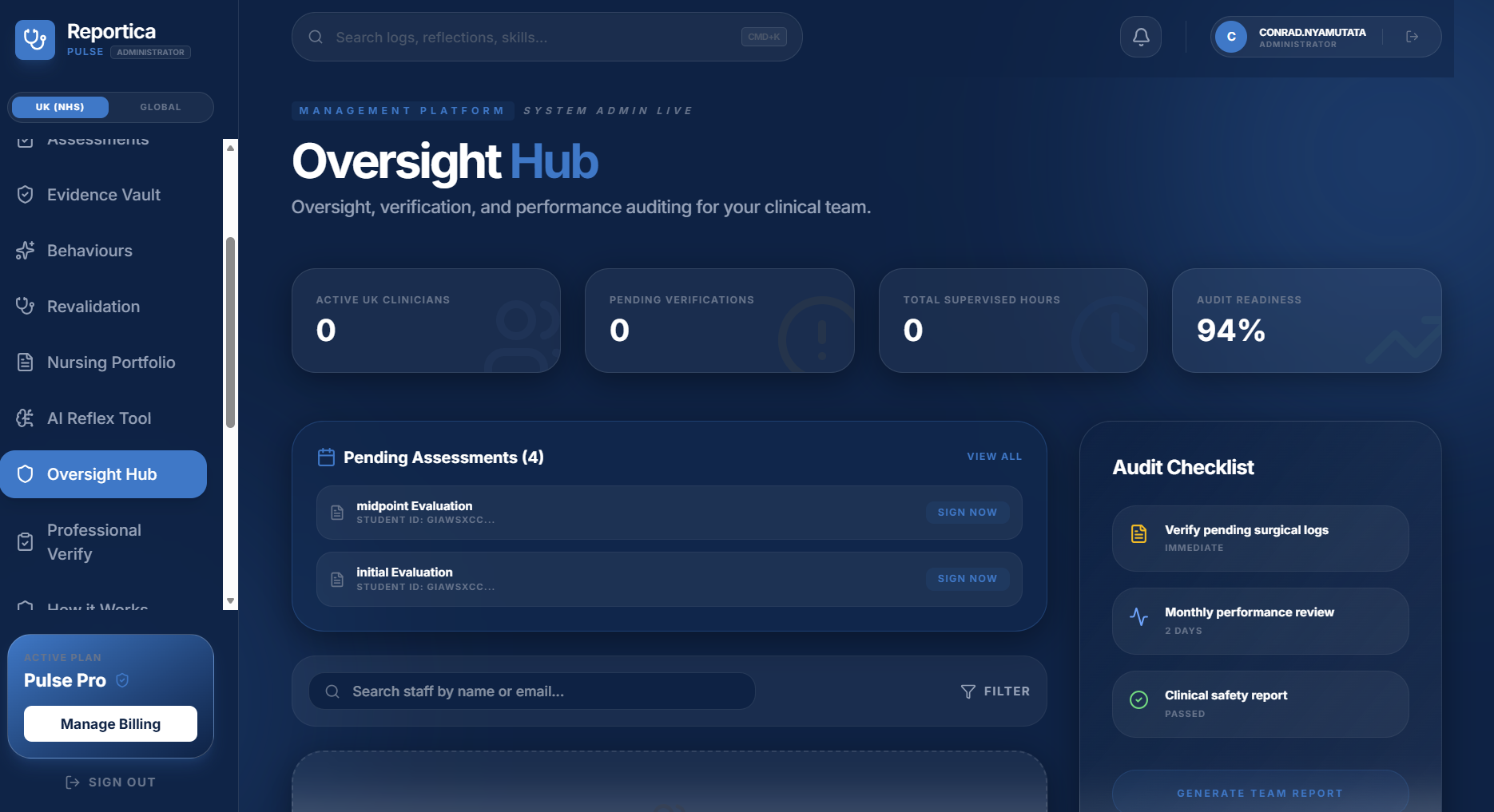 Screenshot of The Oversight Hub: Displays pending actions clearly in the Oversight Hub to prevent administrative backlogs. Includes MagicVerify™ which eliminates user registration and login friction for ward supervisors via single-use tokenised links