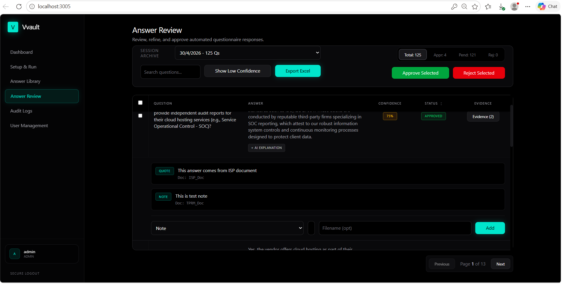 Screenshot of Answer review system for human in loop