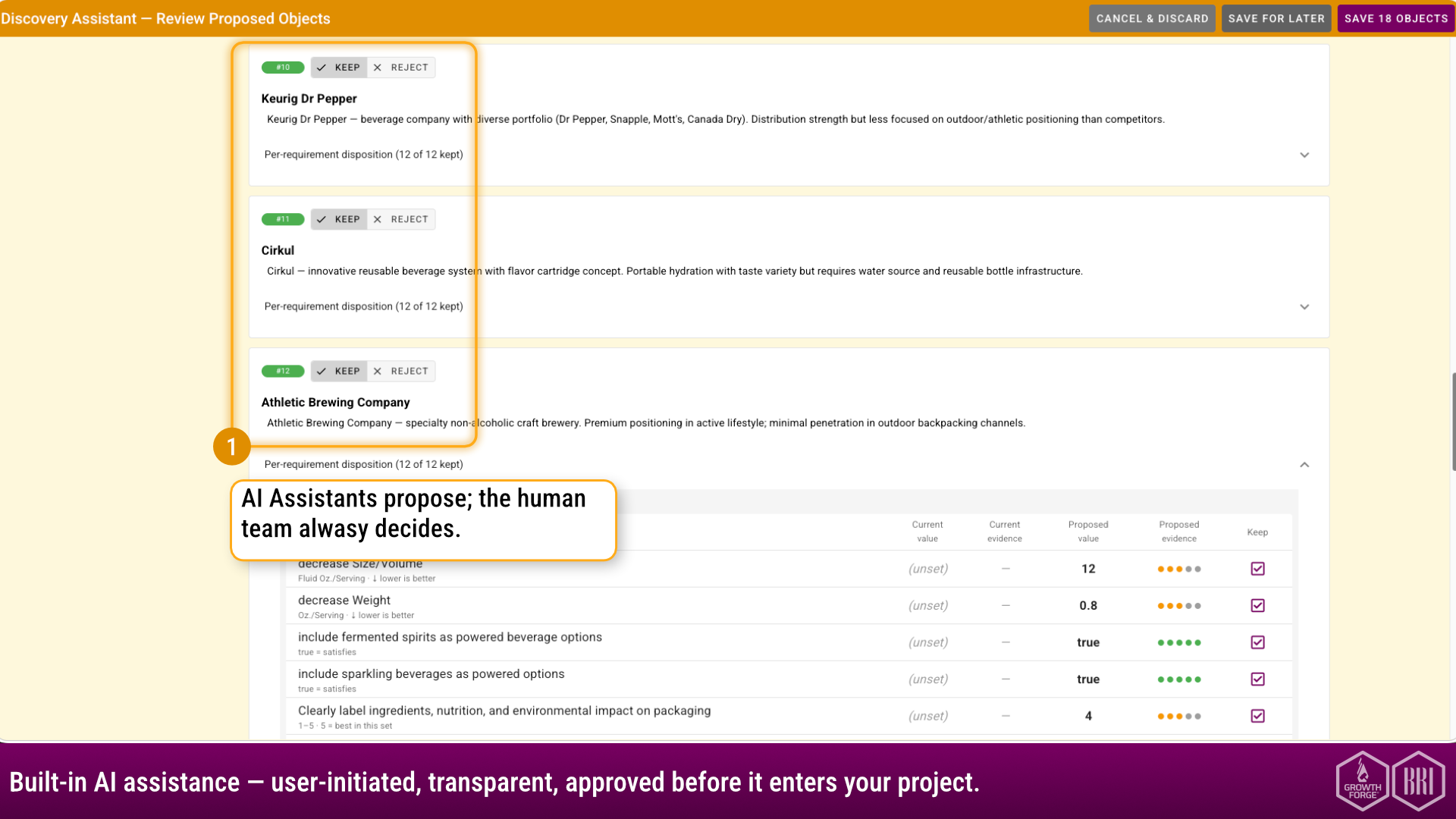 Screenshot of Built-in AI assistance accelerates strategy modeling; features are user-initiated, transparent, and require explicit user approval before results enter a project.