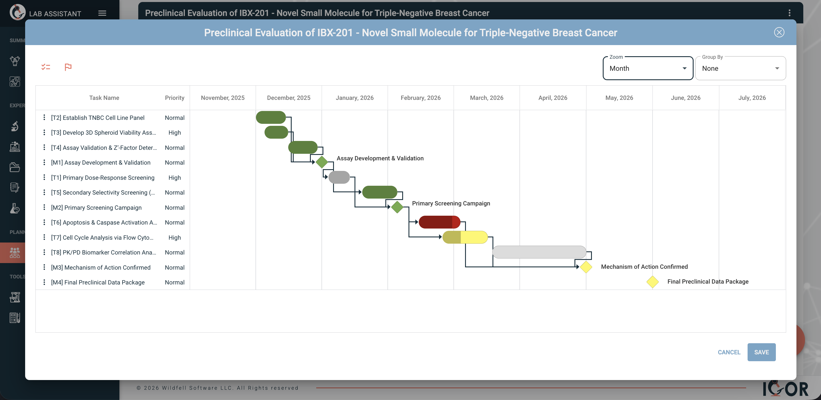 Screenshot of Project Manager: Gantt Chart View
IGOR's built-in Project Manager allows teams to plan research programs, assign tasks, set priorities, define dependencies between activities, and track progress on a visual Gantt timeline within the same platform where experiments are documented and samples are managed. Scientists can link experiments and notebook entries directly to project tasks, connecting the plan to the actual work. Milestones mark key decision points, and color-coded bars give an at-a-glance view of what's completed, in progress, or upcoming.