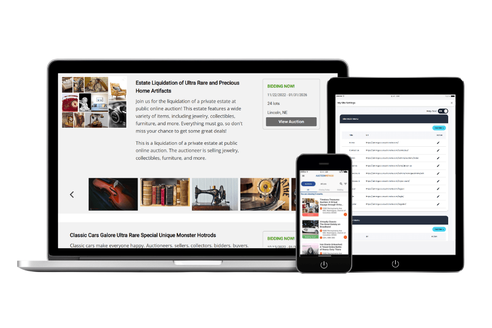 Screenshot of the dashboard where auctioneers manage live listings and site navigation on any device — desktop shows full lot detail and live bidding status, mobile surfaces active auctions in real time, and the tablet admin panel lets operators customize site menus without touching code. One platform, every screen.