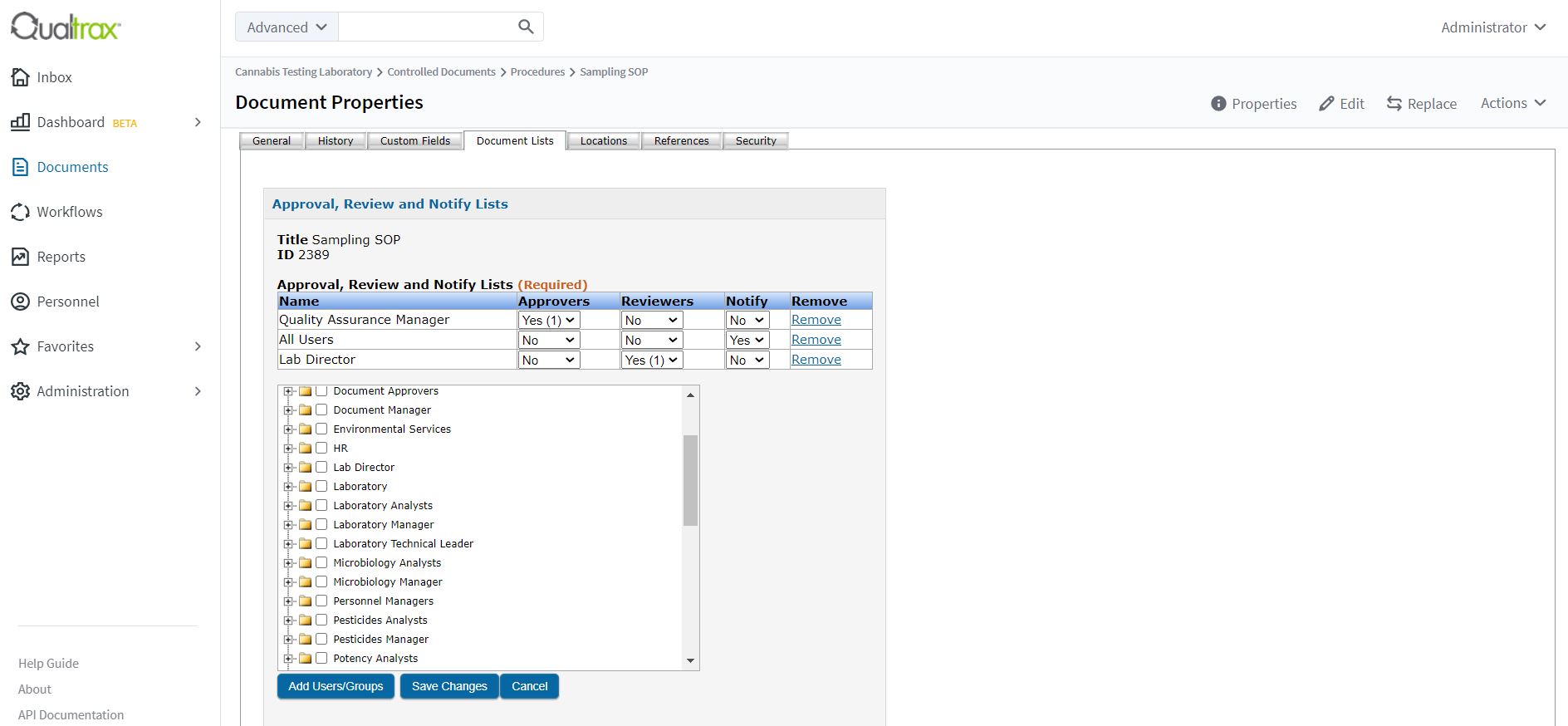 Screenshot of Document Lists