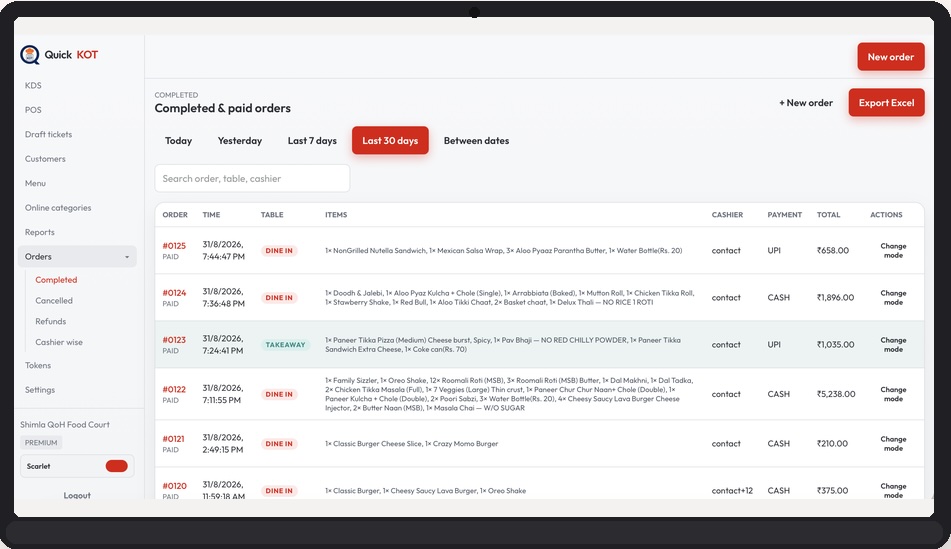 Screenshot of Completed paid orders view and export