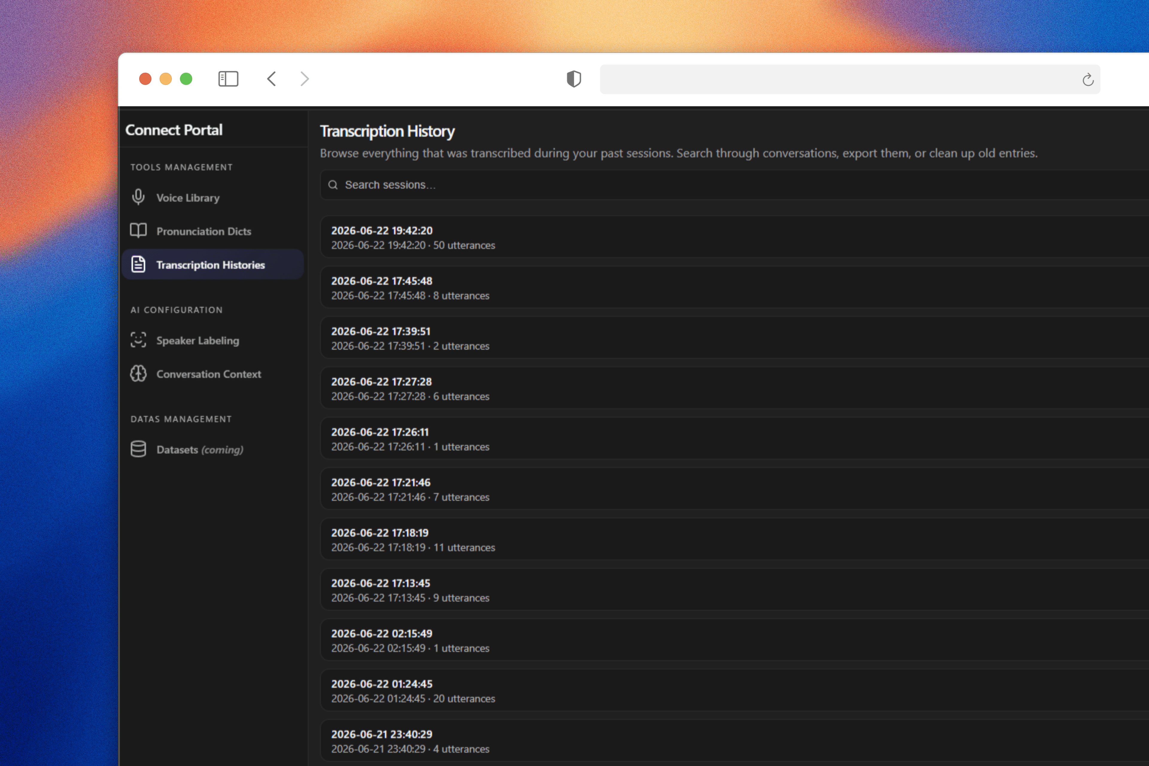 Screenshot of Transcription History: browse, search and export every past session's transcript, or clean up old entries stored on the user's own local device.