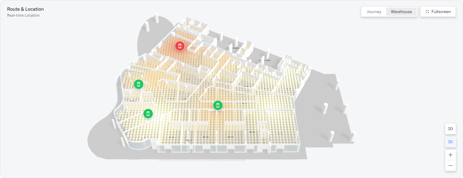 Screenshot of Continuous temperature and humidity monitoring within the warehouse, with geofencing marking specific storage areas and automatically logging condition events by location.