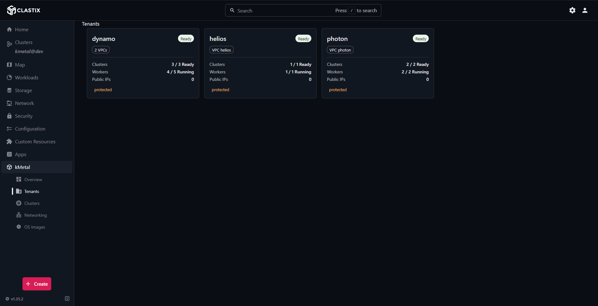 Screenshot of Tenants – this view presents each tenant as a self-contained environment with its own clusters, worker VMs, and isolated virtual network, showing per-tenant health and resource use at a glance.