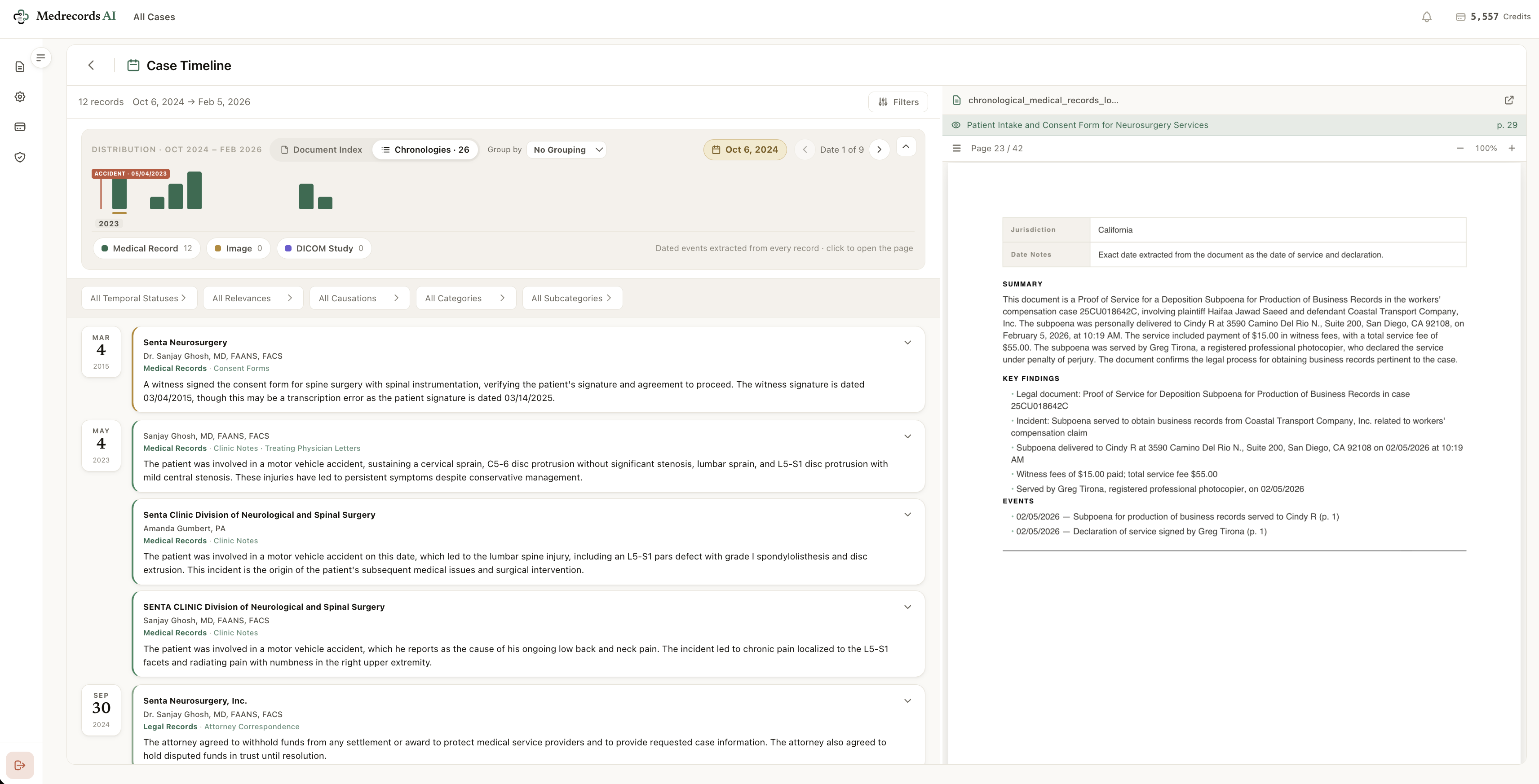 Screenshot of Case Timeline: Every dated event extracted from every record, plotted on a single timeline with the incident date pinned. Filter by temporal status, relevance, causation, category, and subcategory. Click any event and the source page opens beside it, with a structured summary, key findings, and page-cited events. The timeline is not a summary of the file. It is the file, reorganized by date.