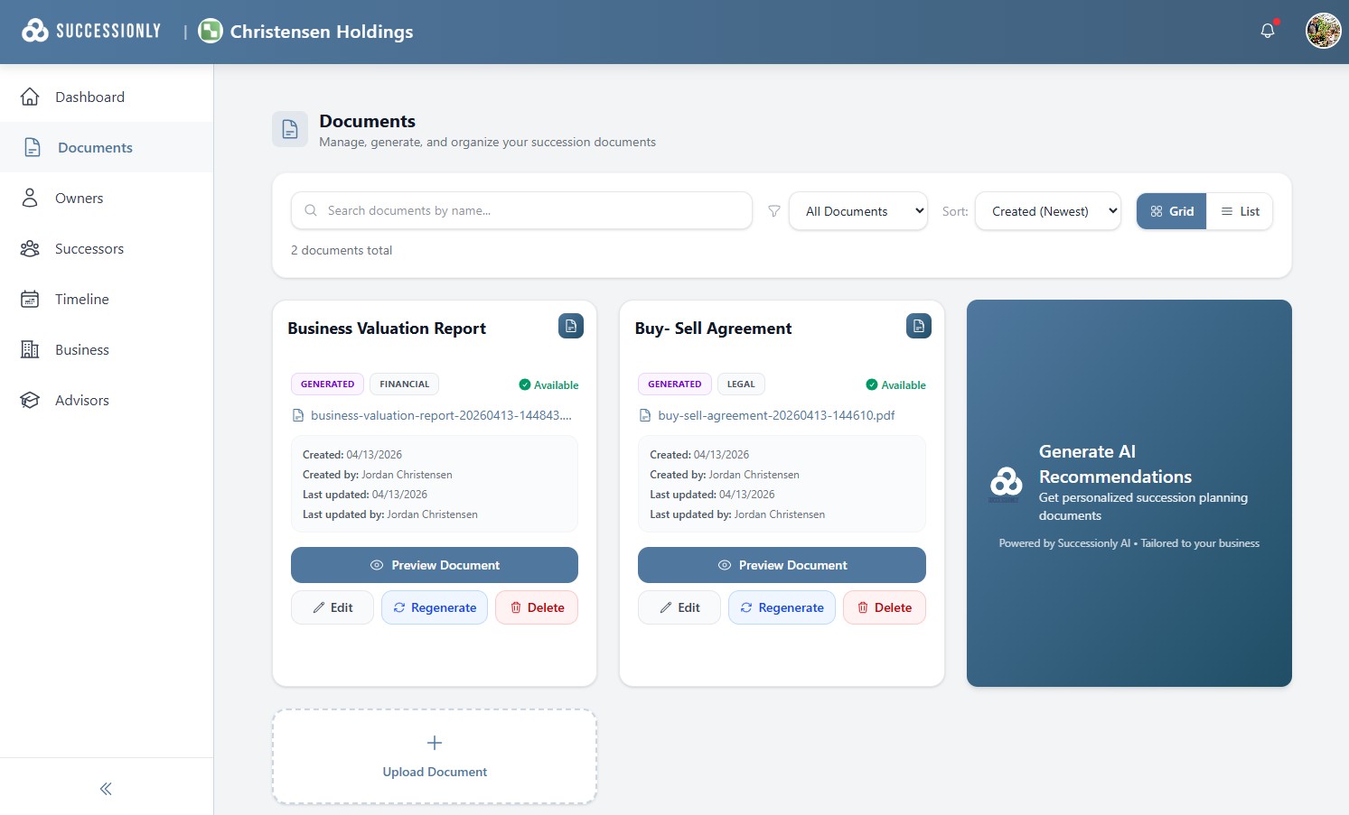 Screenshot of AI document generation to get users from "thinking about it" to "having a plan and all the documents."