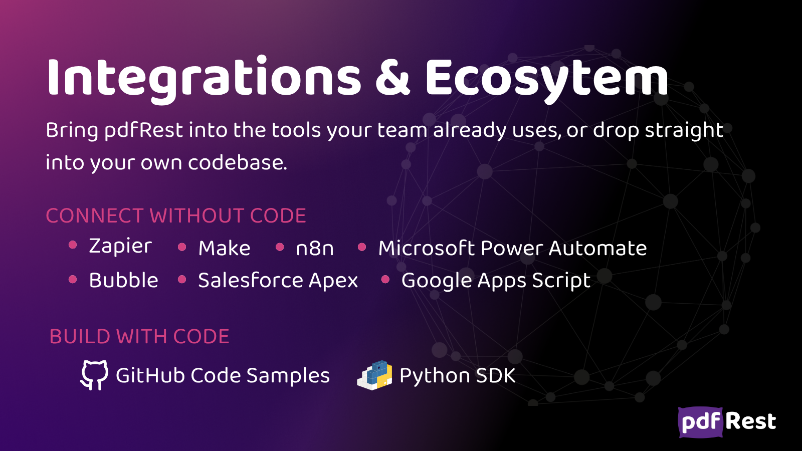 Screenshot of Integrates with Zapier, Make, n8n, Power Automate, Bubble, Google Apps Script, and Salesforce Apex, plus GitHub samples in six languages and a Python SDK on PyPI for developers building direct.