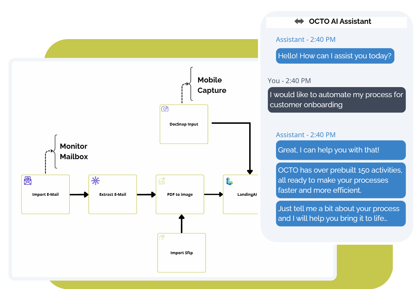 Screenshot of OCTO AI Assistant: From prompt to process. Describe a workflow in plain language. Get an end-to-end process model.