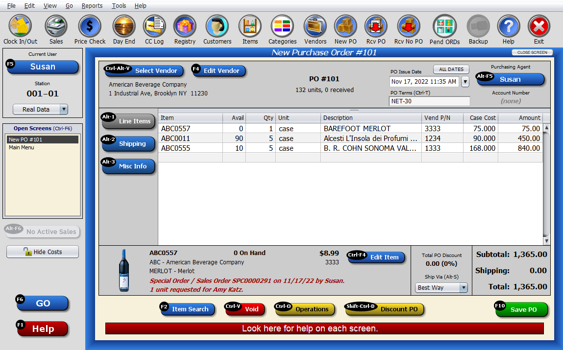 Screenshot of Purchase order creation screen.