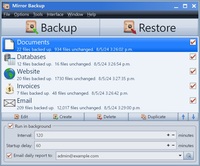 Screenshot of the main window that shows all backup jobs and contains settings for the background service.