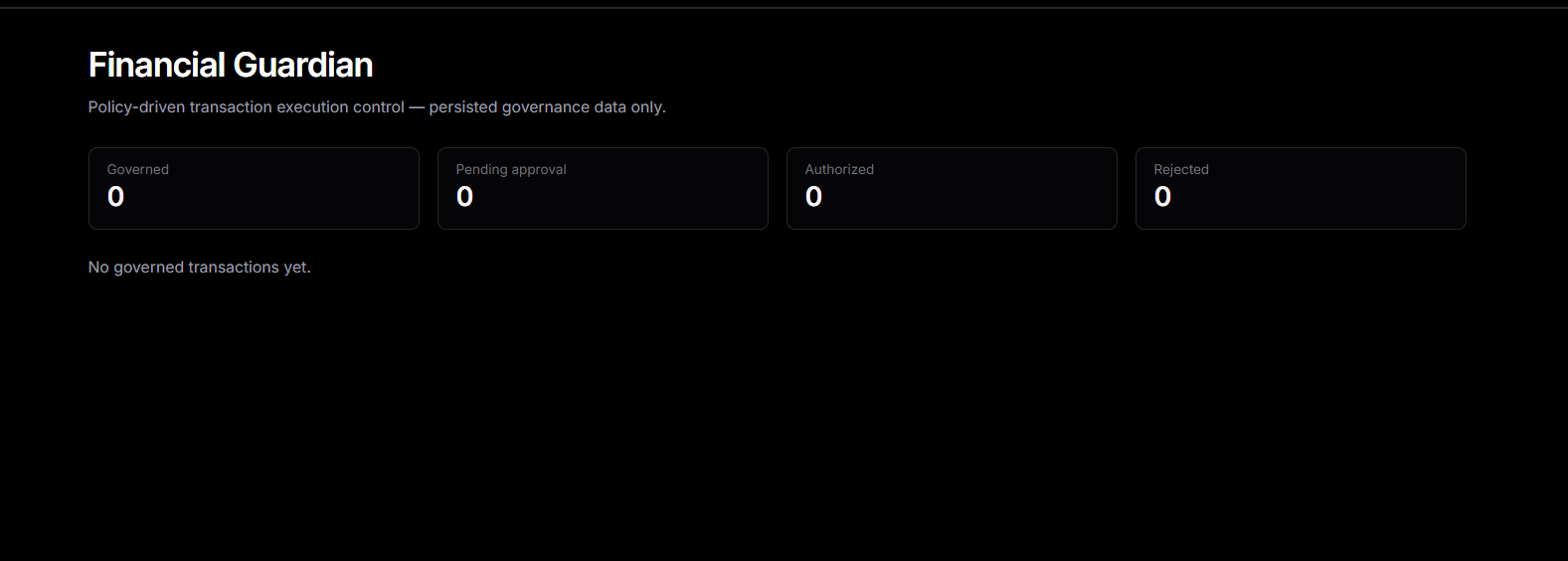 Screenshot of Policy-driven transaction execution control with governed, pending-approval, authorized, and rejected transaction states.