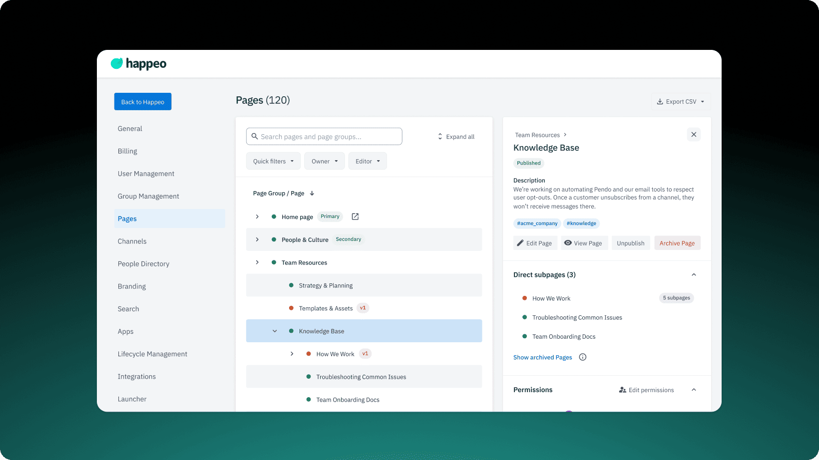 Screenshot of the admin interface used to configure the platform's structure, settings, and integrations.