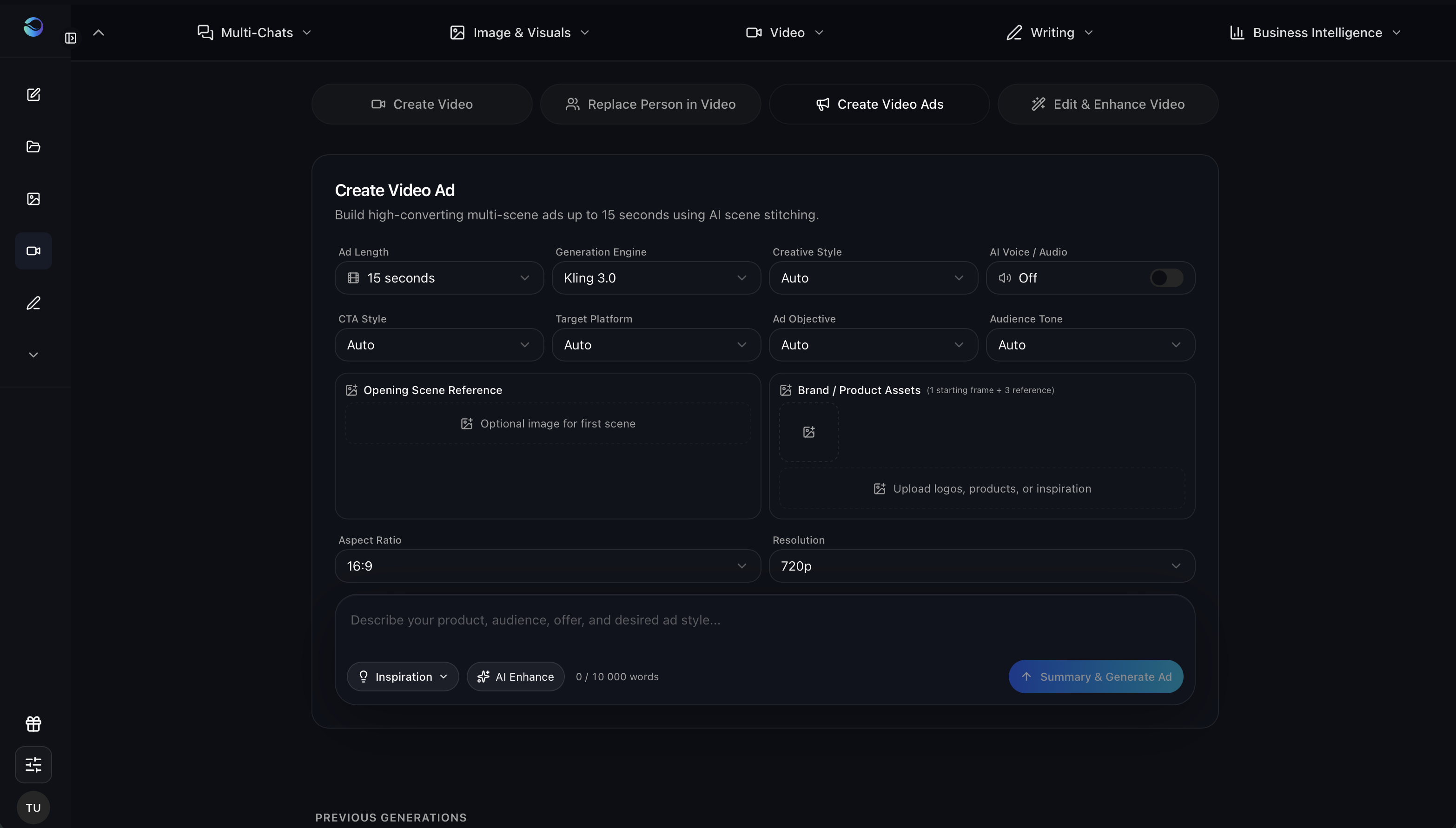 Screenshot of SmophyAI Video Studio creating video ads from text and product photos