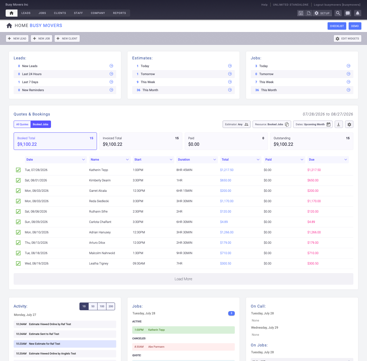 Screenshot of the dashboard to control moving operations.