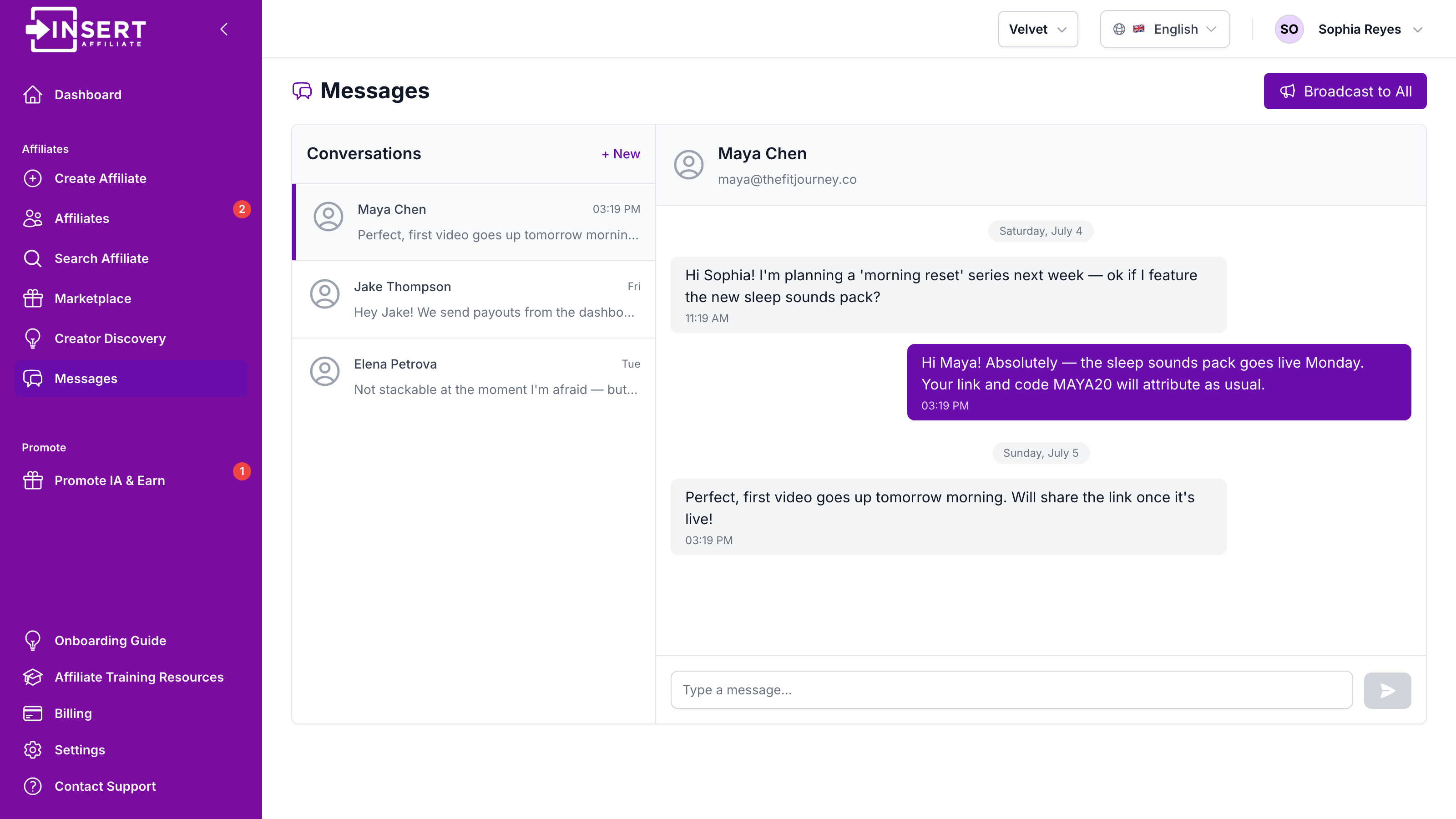 Screenshot of On Platform Messaging