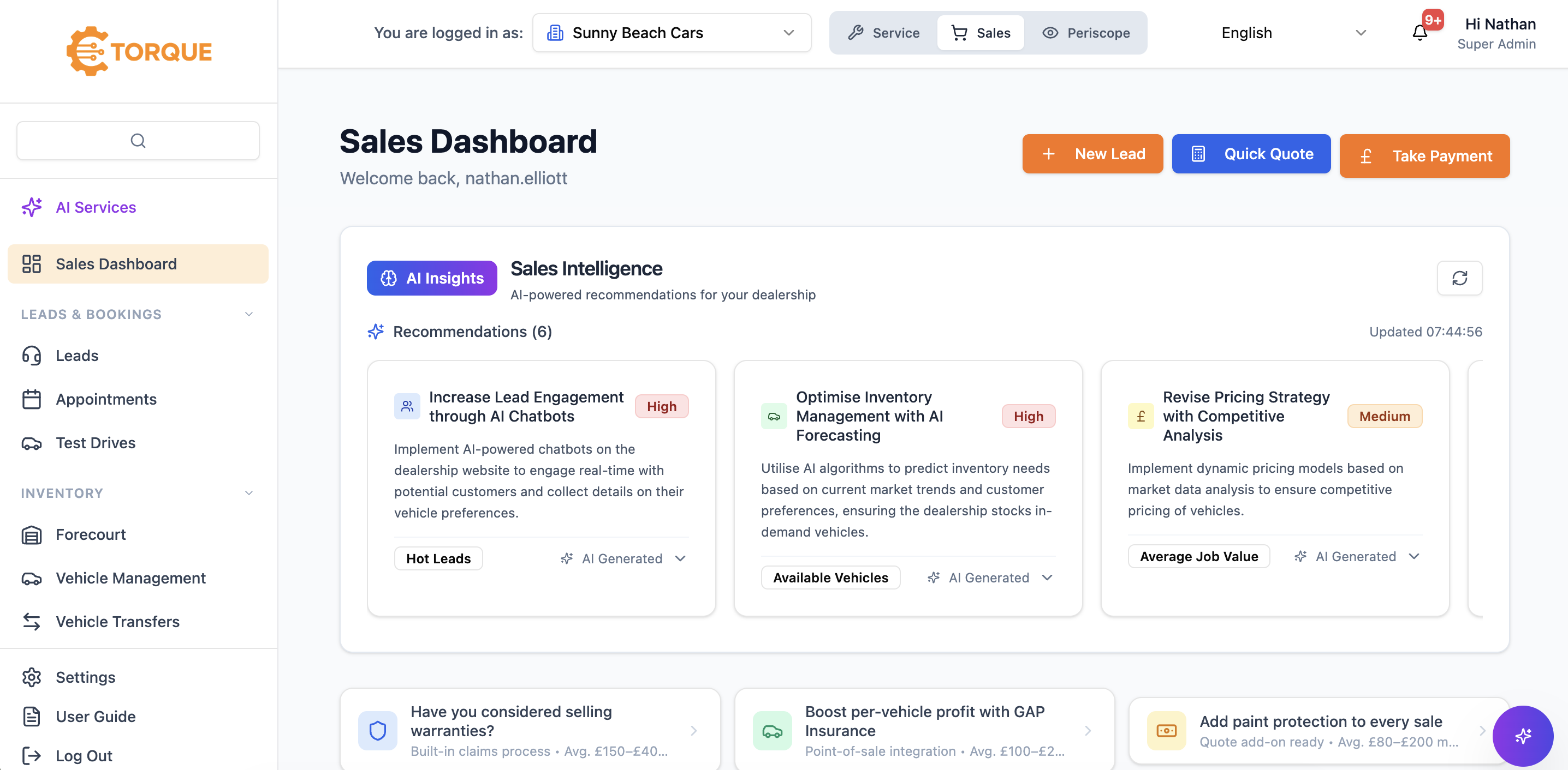 Screenshot of The Sales Dashboard with AI Insights panel open. Shows AI-generated recommendations (increase lead engagement via chatbots, AI inventory management, dynamic pricing strategy) alongside quick action buttons for New Lead, Quick Quote, and Take Payment.