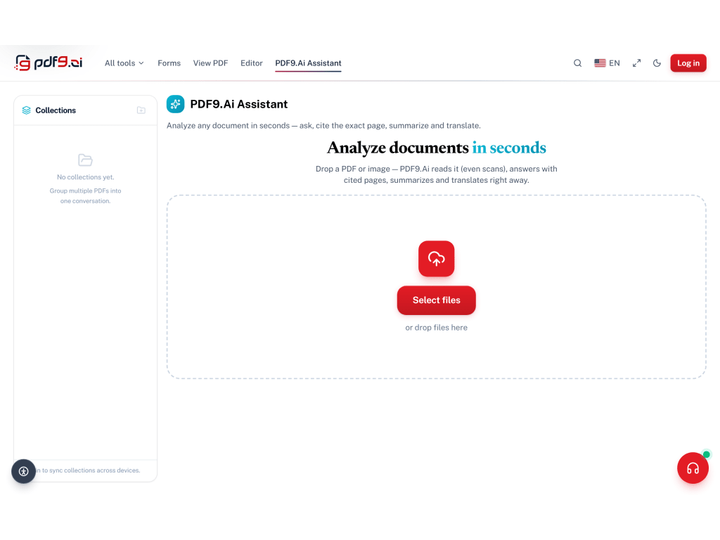 Screenshot of Drop any PDF or scanned image to instantly ask questions, get cited answers, summarize key points, or translate into 50+ languages. Collections let users group multiple documents into one conversation for deeper cross-document analysis.