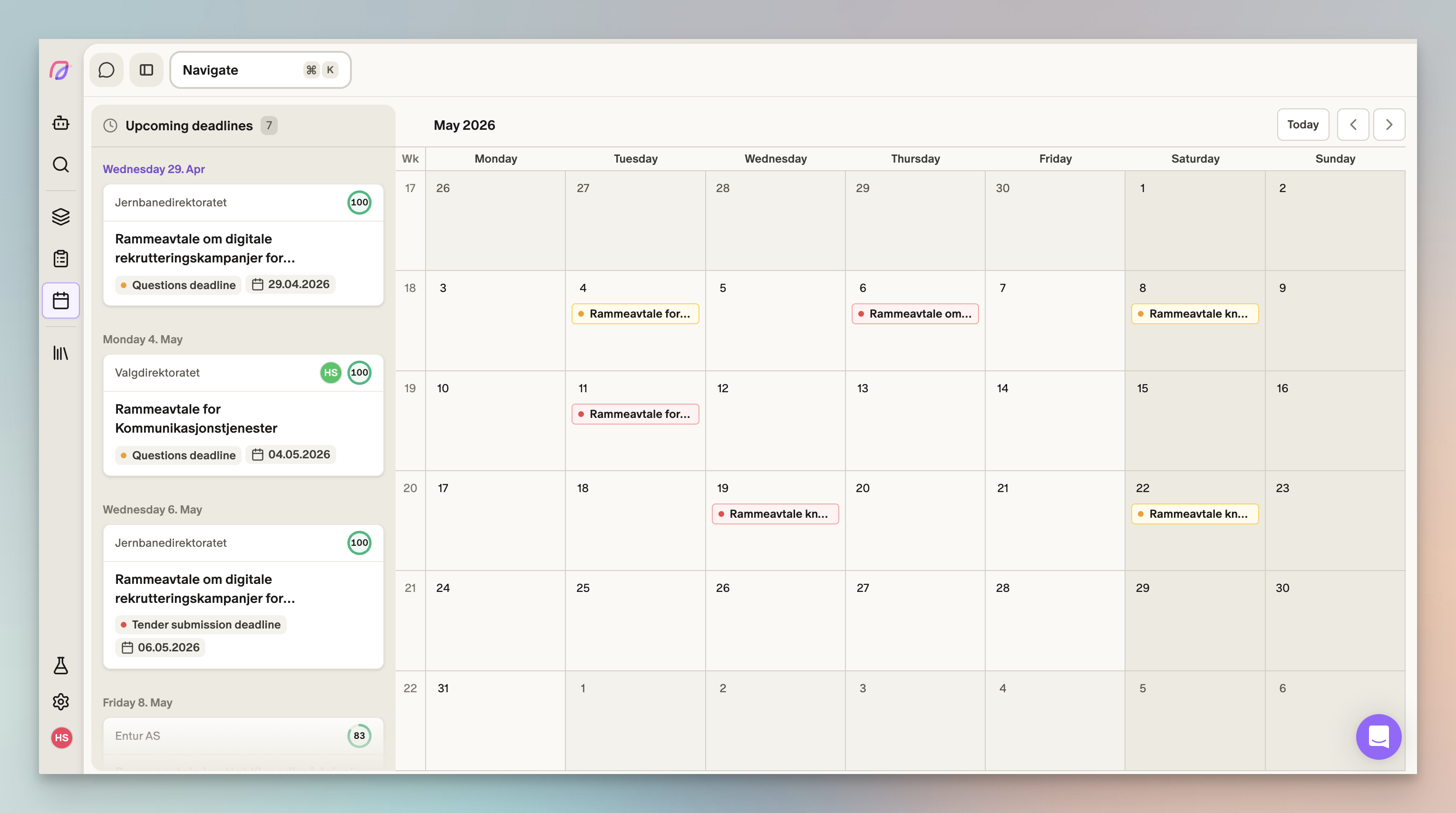 Screenshot of The calendar view, which shows all upcoming question deadlines and submission dates across active tenders.