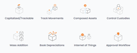 Screenshot of feature areas, including: assets movement tracking/lifecycle management/One touch for mass additions/Custody controls/Workflow approval/Book depreciations/Employee Portal