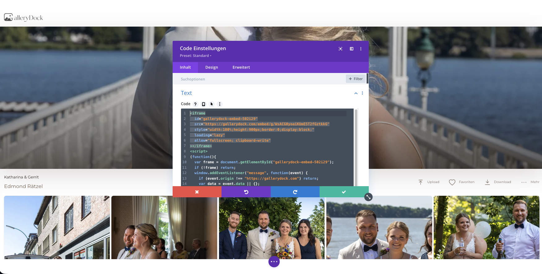 Screenshot of GalleryDock galleries can be embedded directly into a photographer's own website using an embed code for a seamless branded client experience.