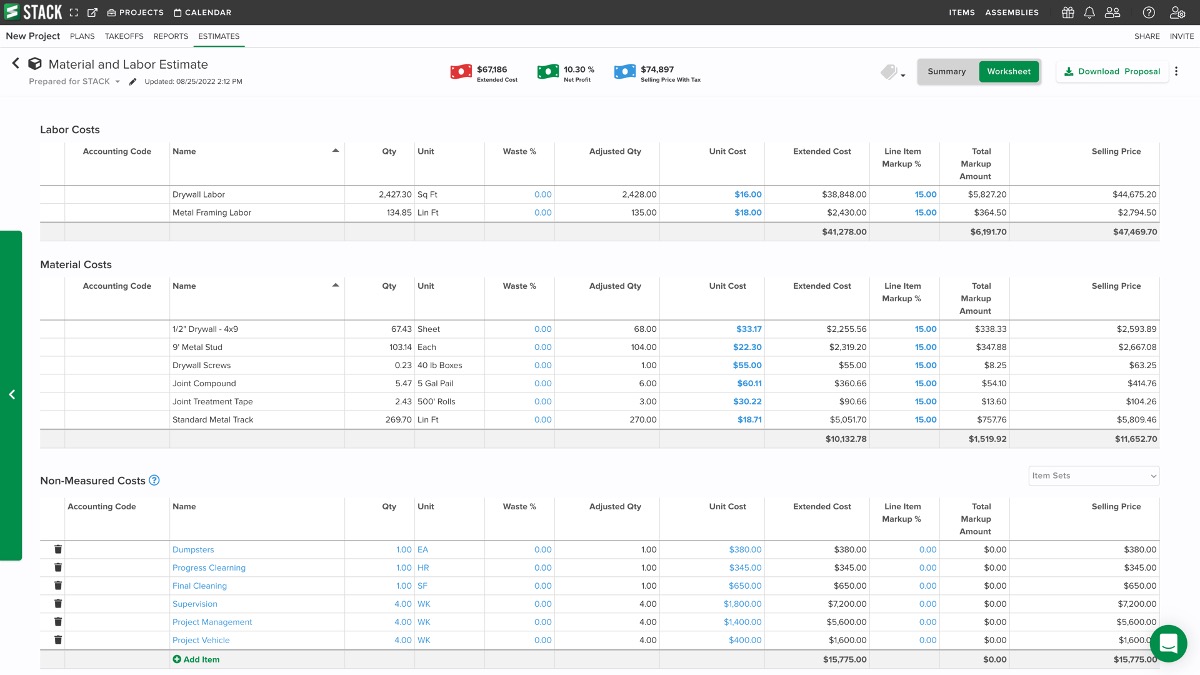 Screenshot of STACK Takeoff & Estimate worksheet