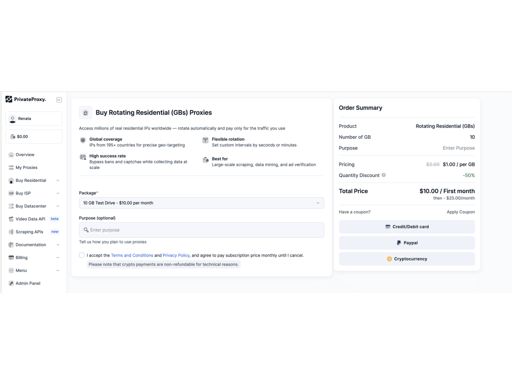 Screenshot of Engineers configure and buy rotating residential proxies in minutes — selecting a GB package, noting use case, and checking out via card, PayPal, or crypto. A 50% first-month discount drops the 10 GB test drive to $10, with no sales call or contract required.