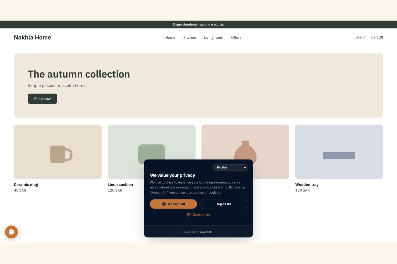 Screenshot of Consent banner in English on a storefront, with Google Consent Mode v2 set to denied until the visitor chooses