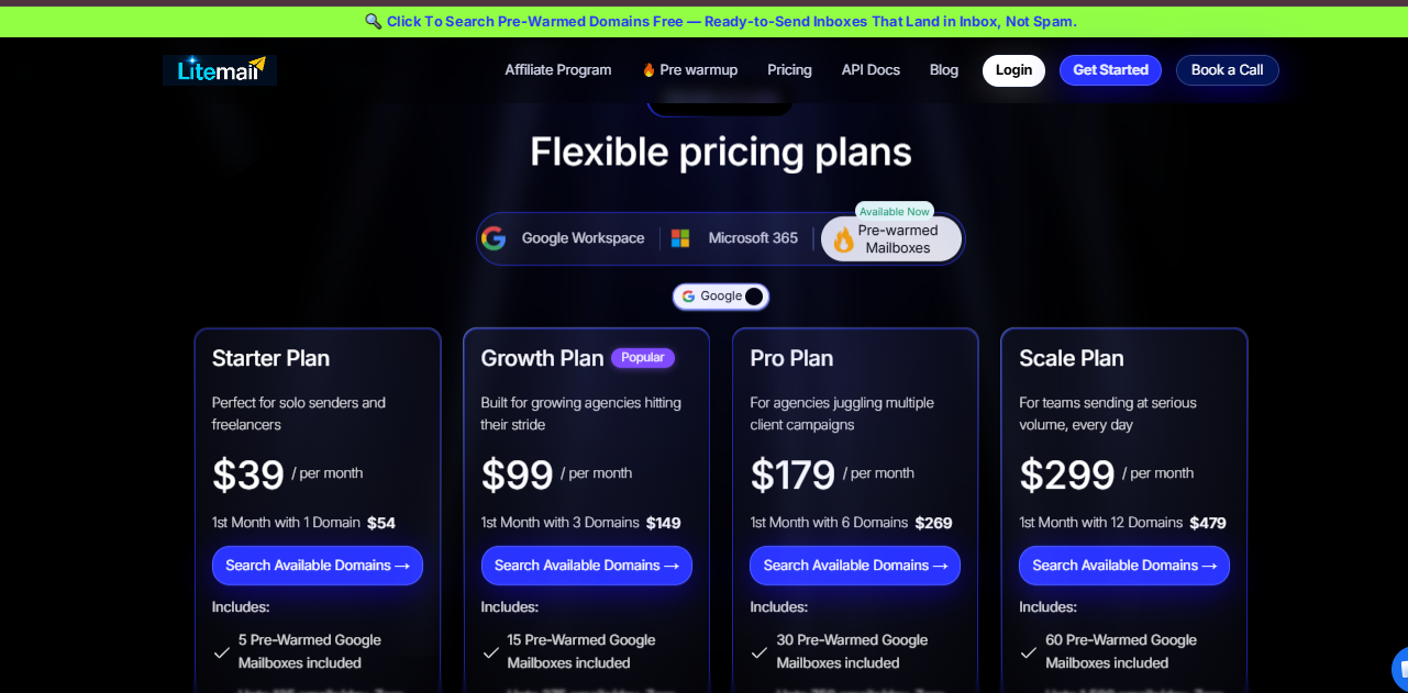 Screenshot of “LiteMail AI pricing plans for email infrastructure, with monthly options for Starter, Growth, Pro, and Scale